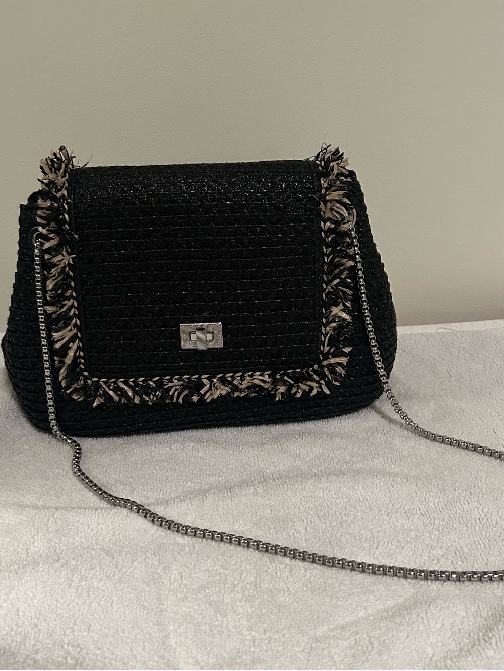 Eric Javits Black Fringe-Trim Shoulder Bag with Silver Chain